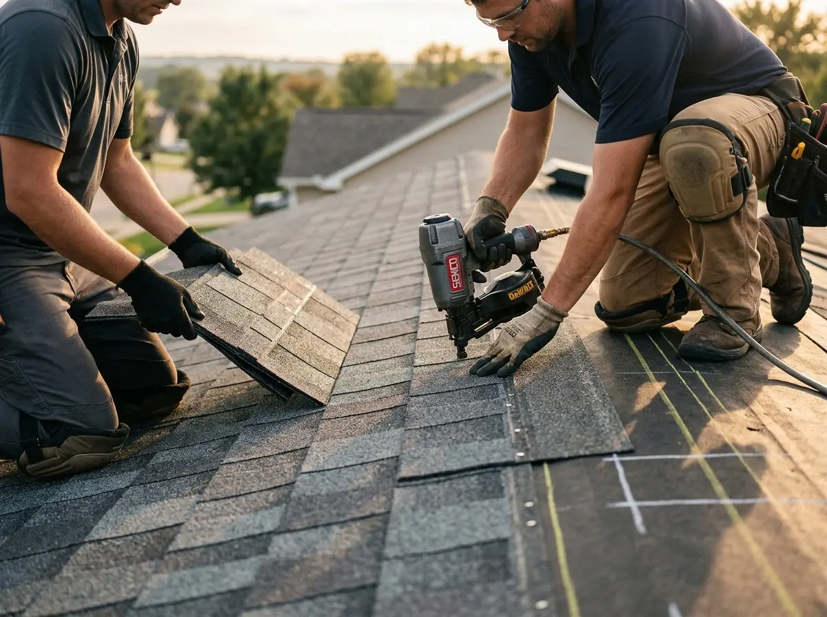 Professional roofer working on a residential roof in West Springfield Town